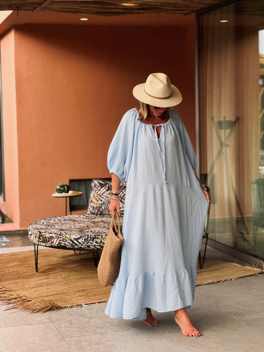 Robe volant gaz de coton bleu