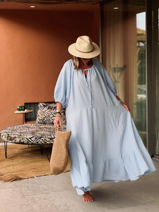 Robe volant gaz de coton bleu