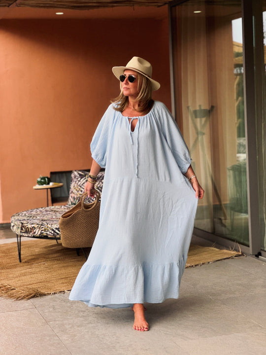 Robe volant gaz de coton bleu