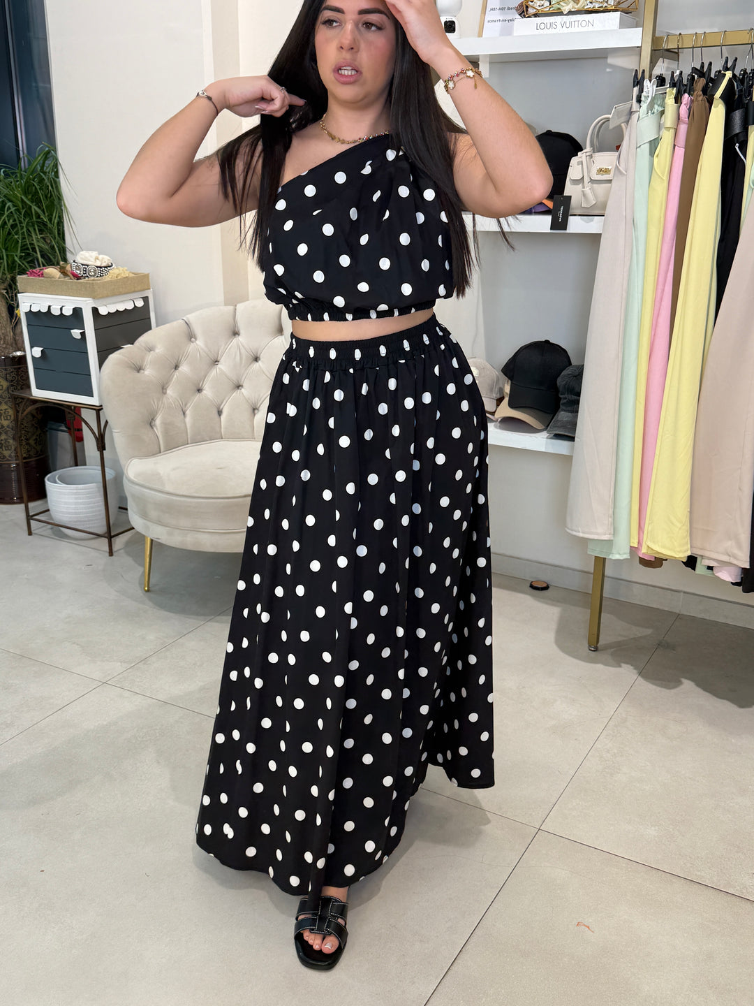 Ensemble top + jupe à pois noir 12893