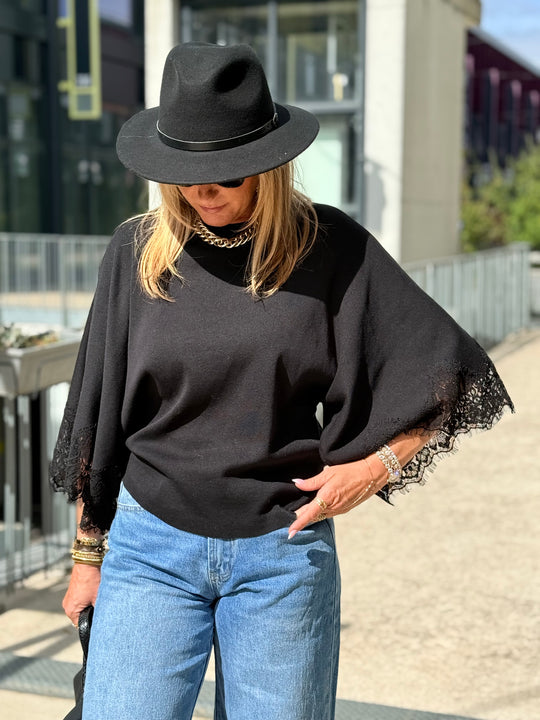 Pull maille fin manche dentelles 5174 Noir