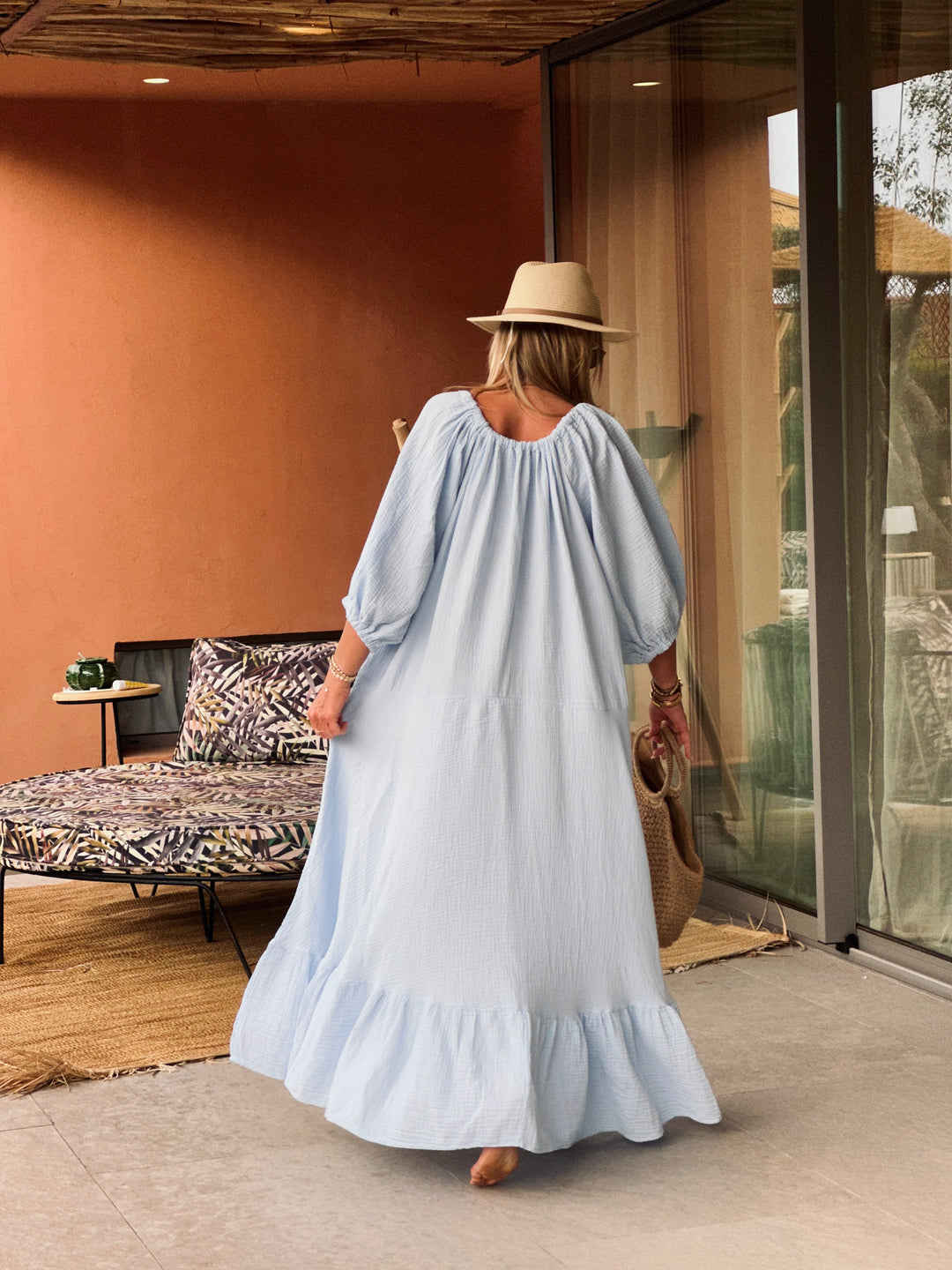 Robe volant gaz de coton bleu