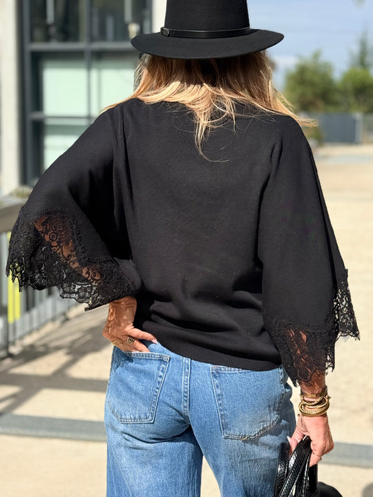 Pull maille fin manche dentelles 5174 Noir