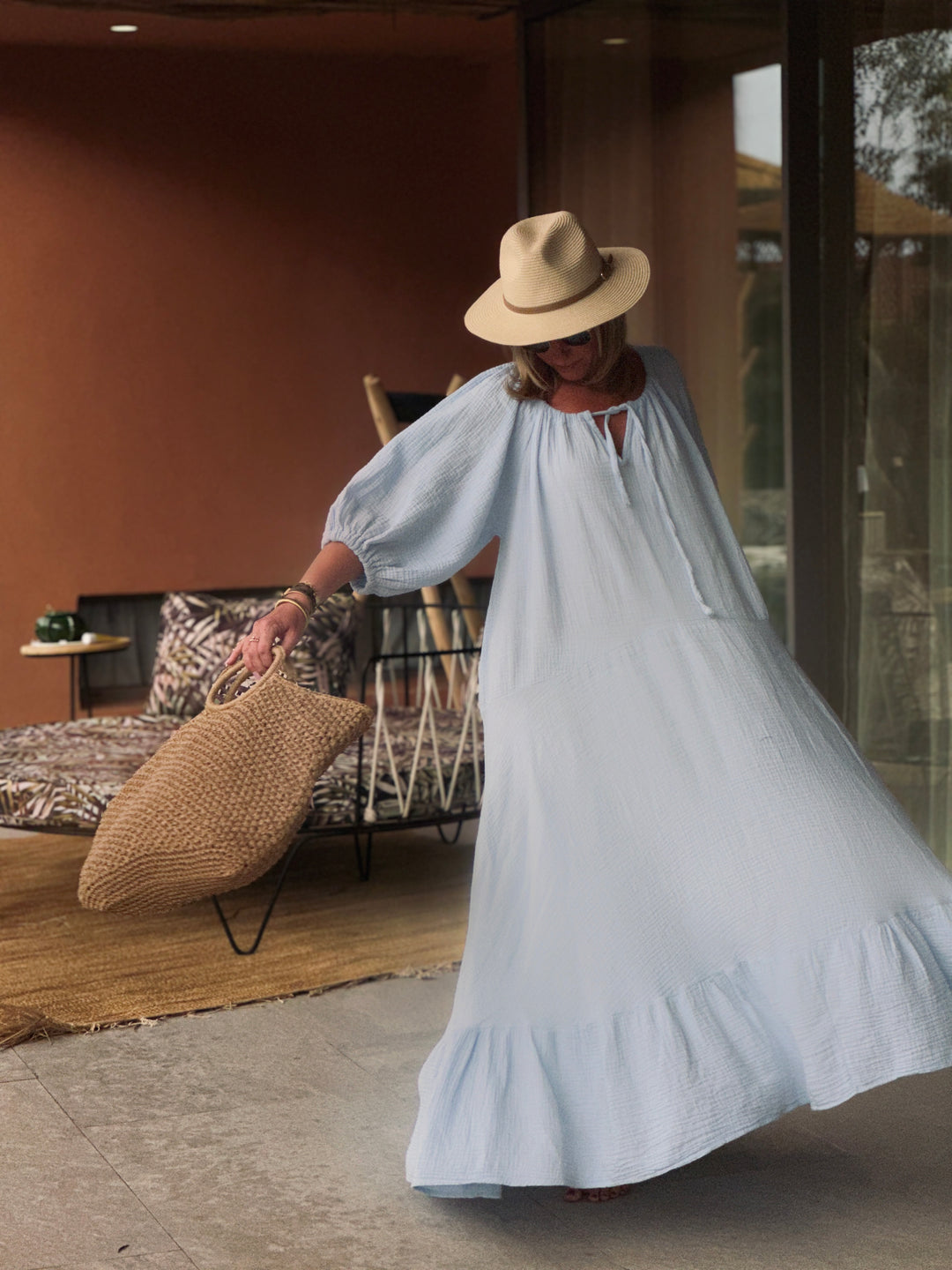 Robe volant gaz de coton bleu