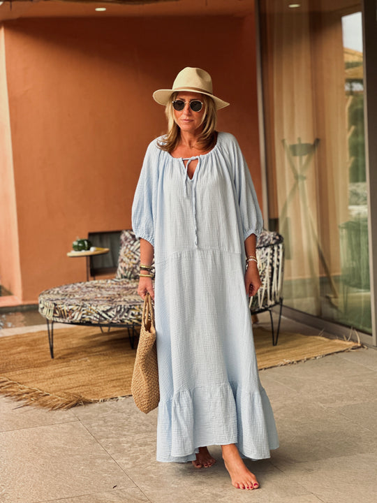 Robe volant gaz de coton bleu