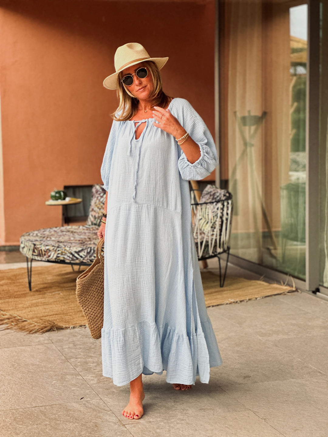 Robe volant gaz de coton bleu