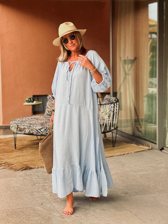 Robe volant gaz de coton bleu