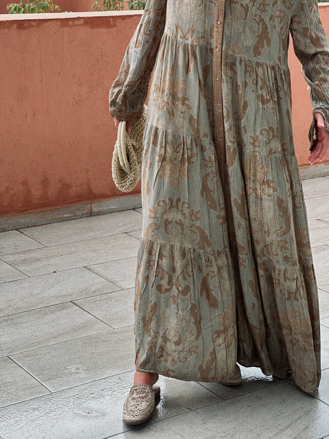 Robe volant imprimée camel/vert/9962