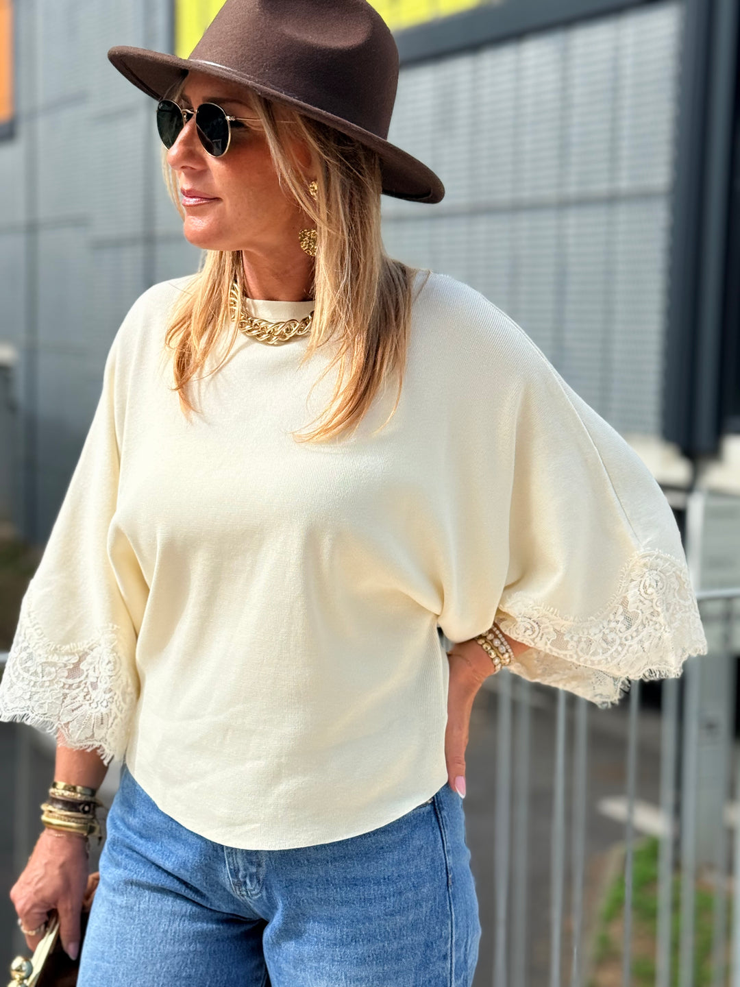 Pull maille fin manche dentelles 5174 Ecru