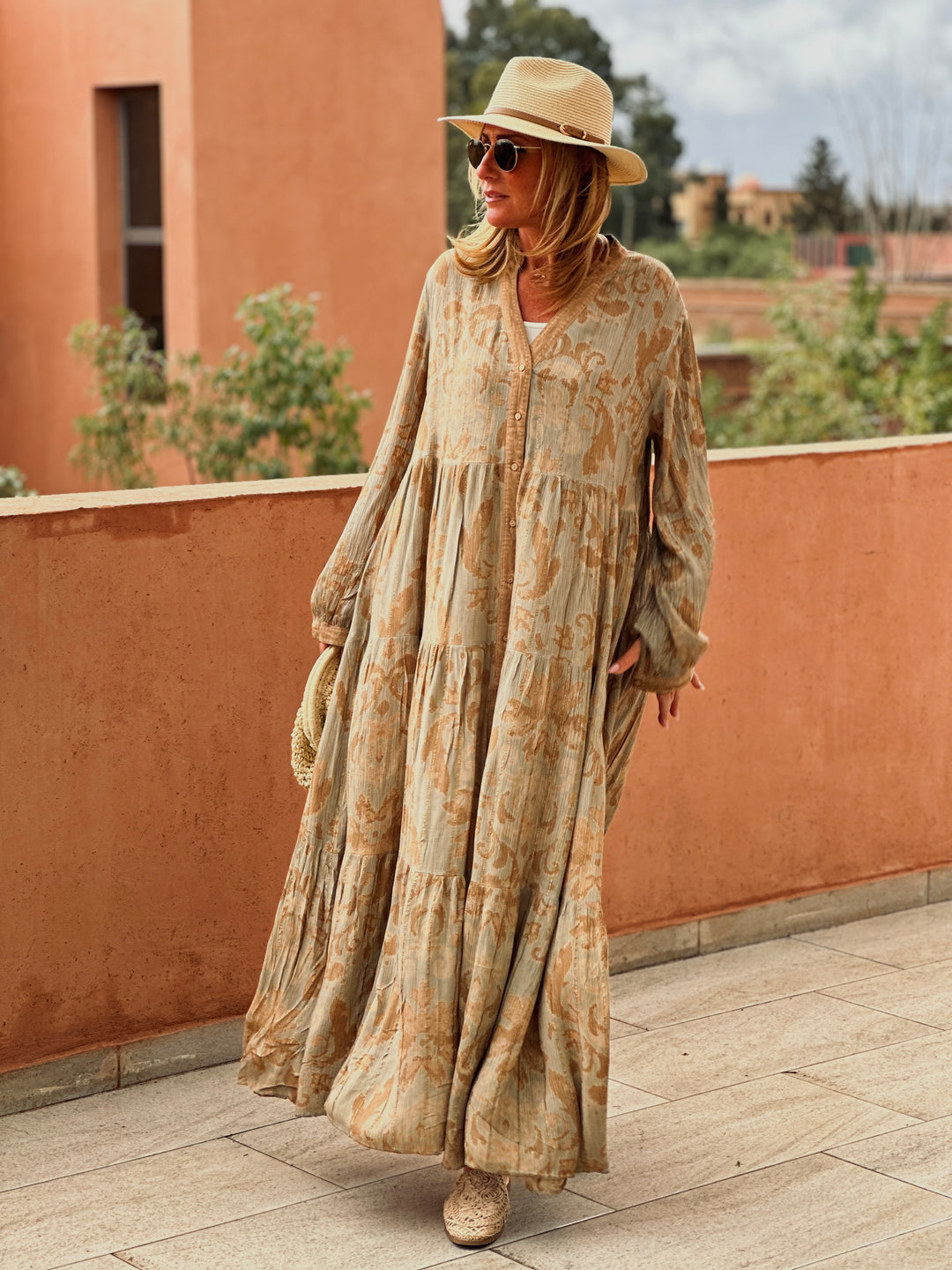 Robe volant imprimée camel/vert/9962