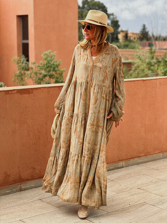 Robe volant imprimée camel/vert/9962