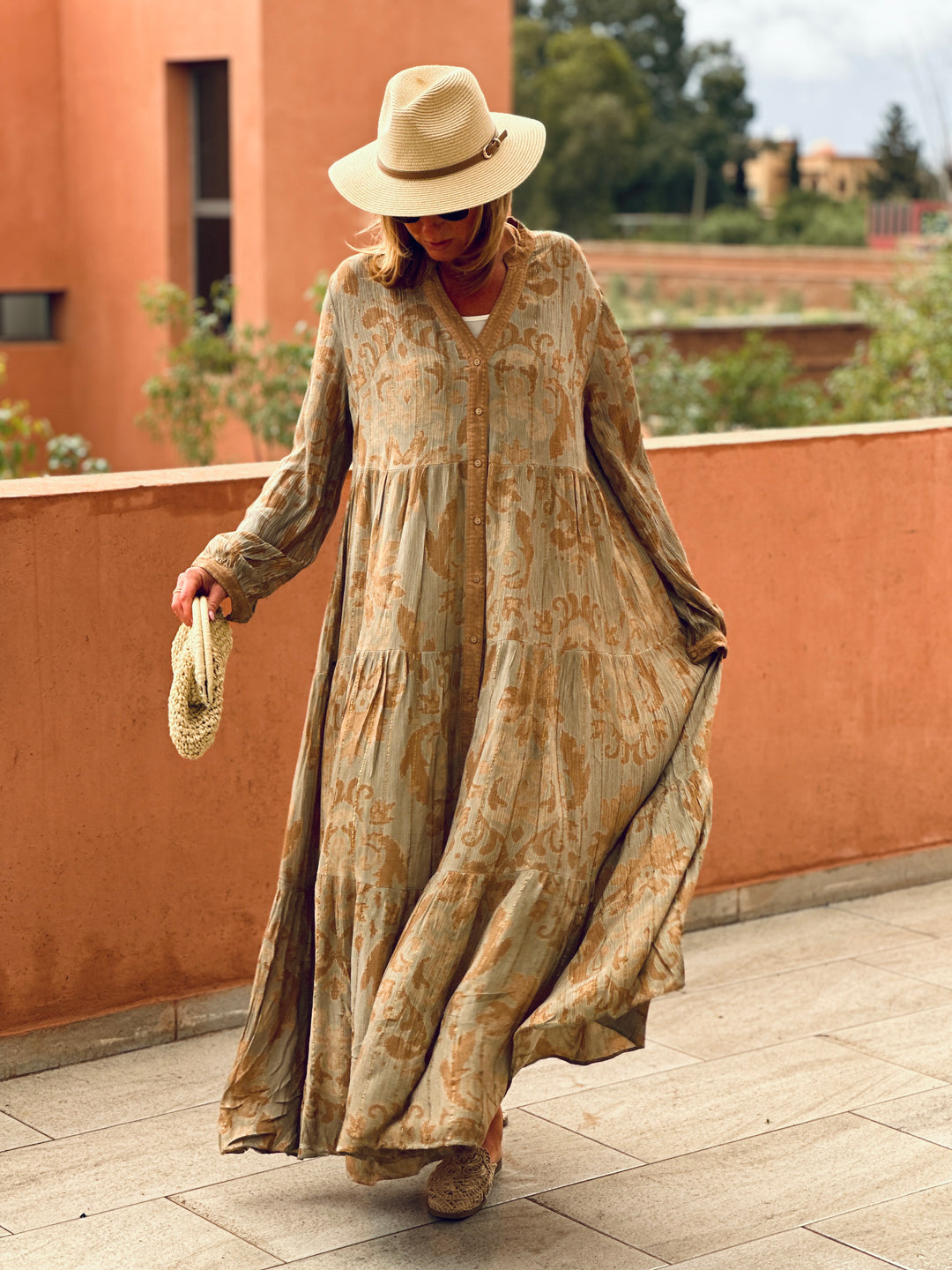 Robe volant imprimée camel/vert/9962