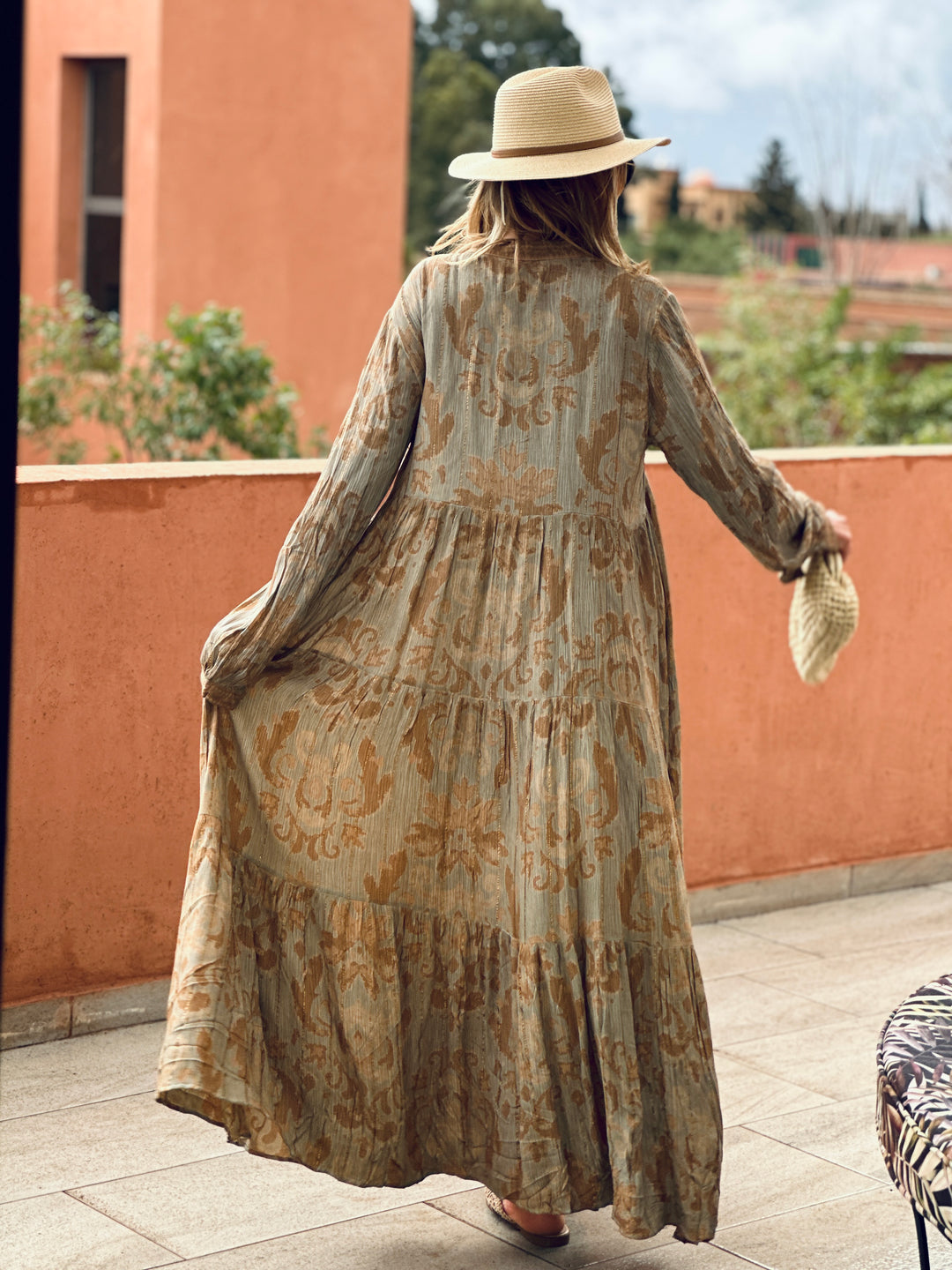 Robe volant imprimée camel/vert/9962