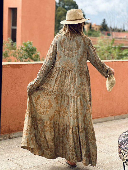 Robe volant imprimée camel/vert/9962