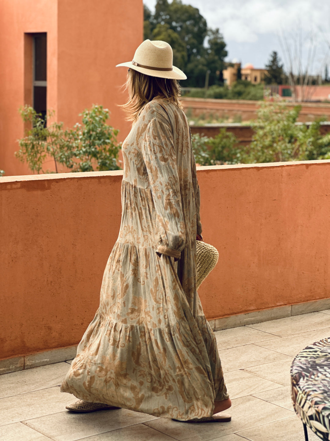 Robe volant imprimée camel/vert/9962