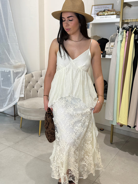 Robe volant dentelle écru K9-08