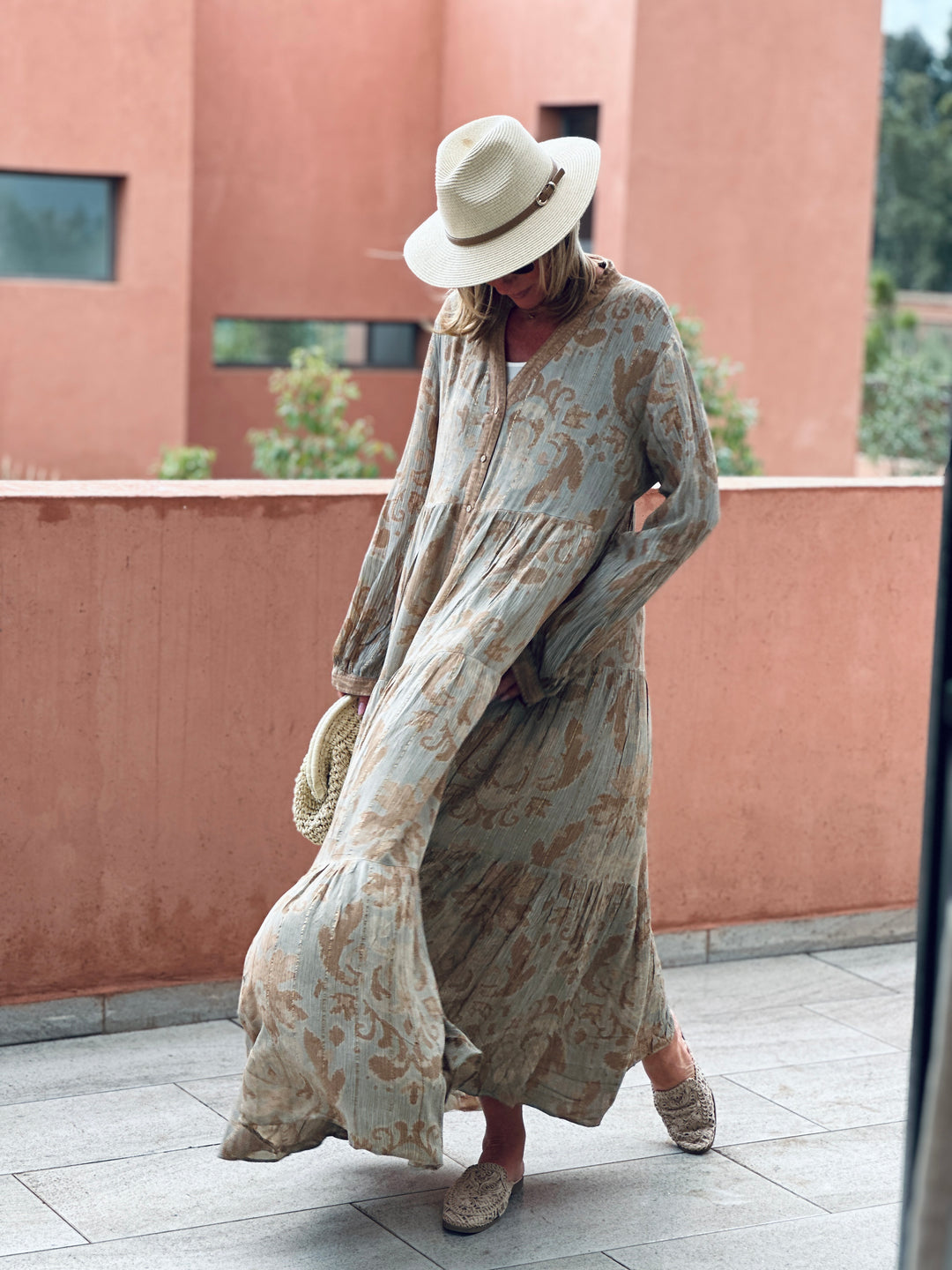 Robe volant imprimée camel/vert/9962