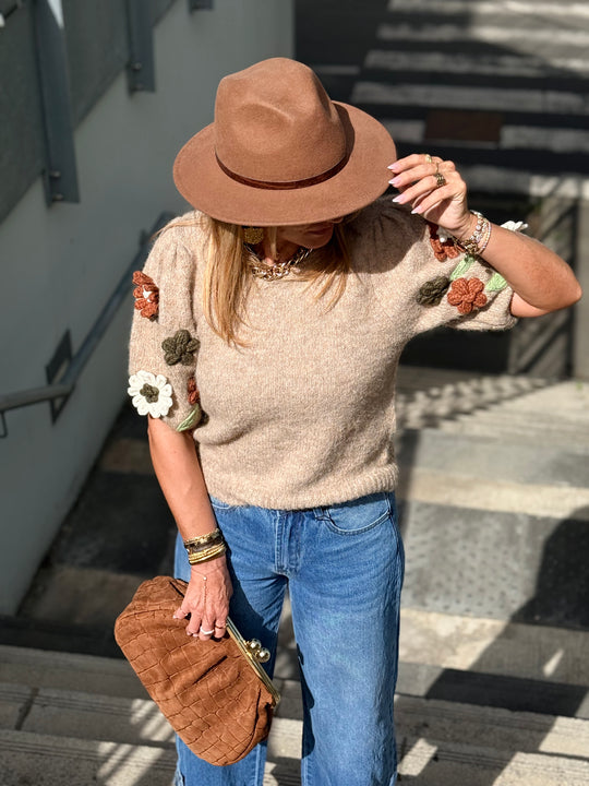 Pull épaules fleuris Camel 26683