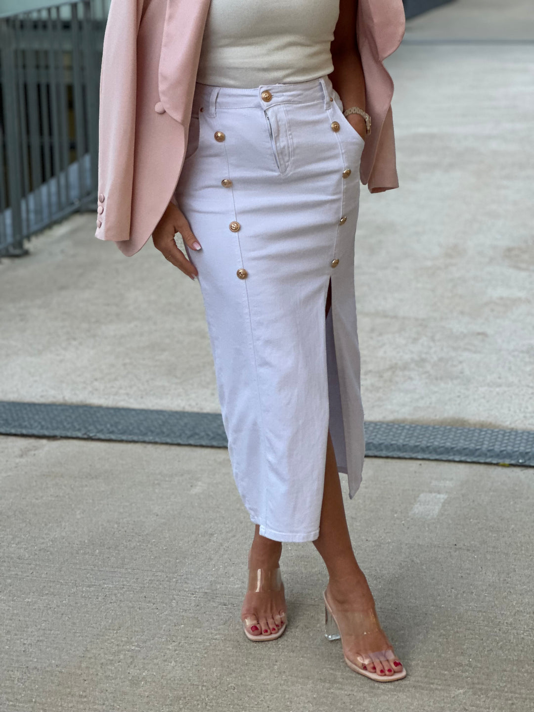 Jupe boutons or blanc