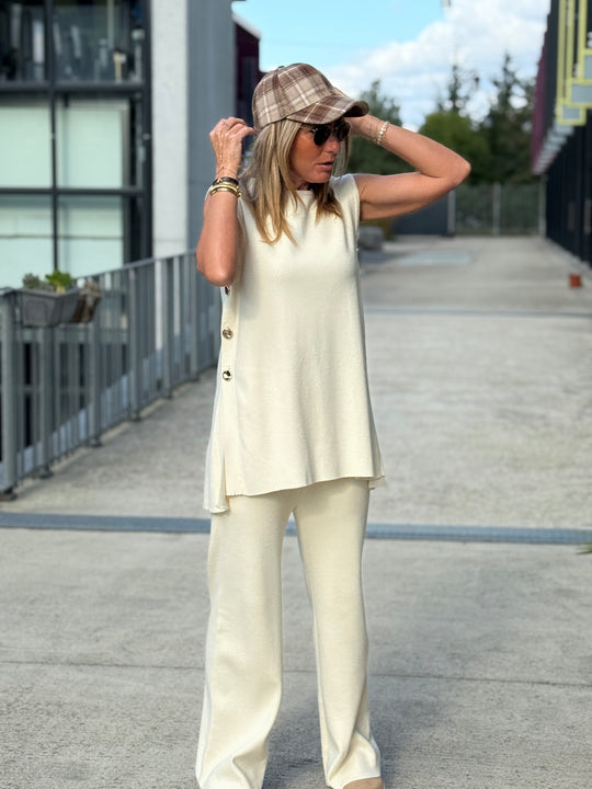 Ensemble top + pantalon avec boutons Ecru 93006