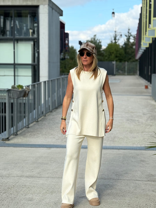 Ensemble top + pantalon avec boutons Ecru 93006