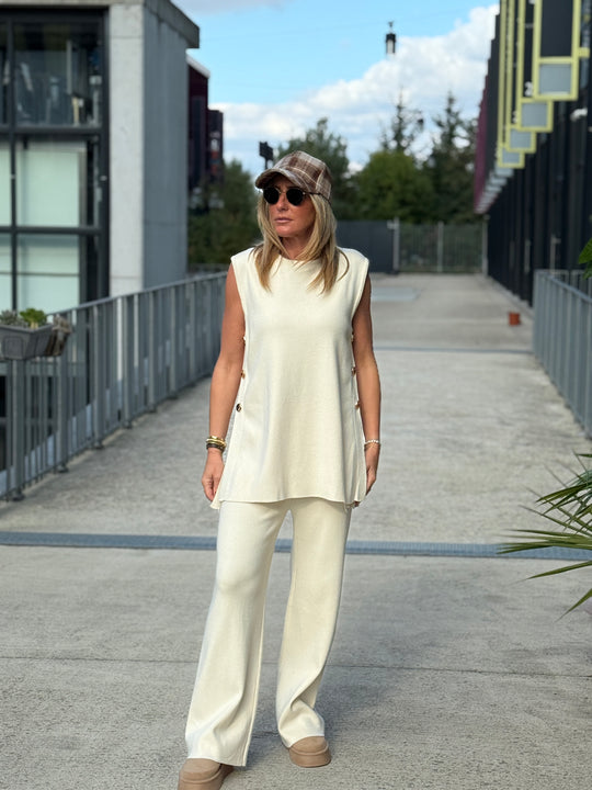 Ensemble top + pantalon avec boutons Ecru 93006