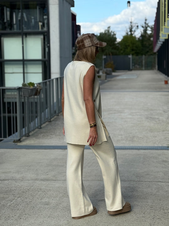 Ensemble top + pantalon avec boutons Ecru 93006