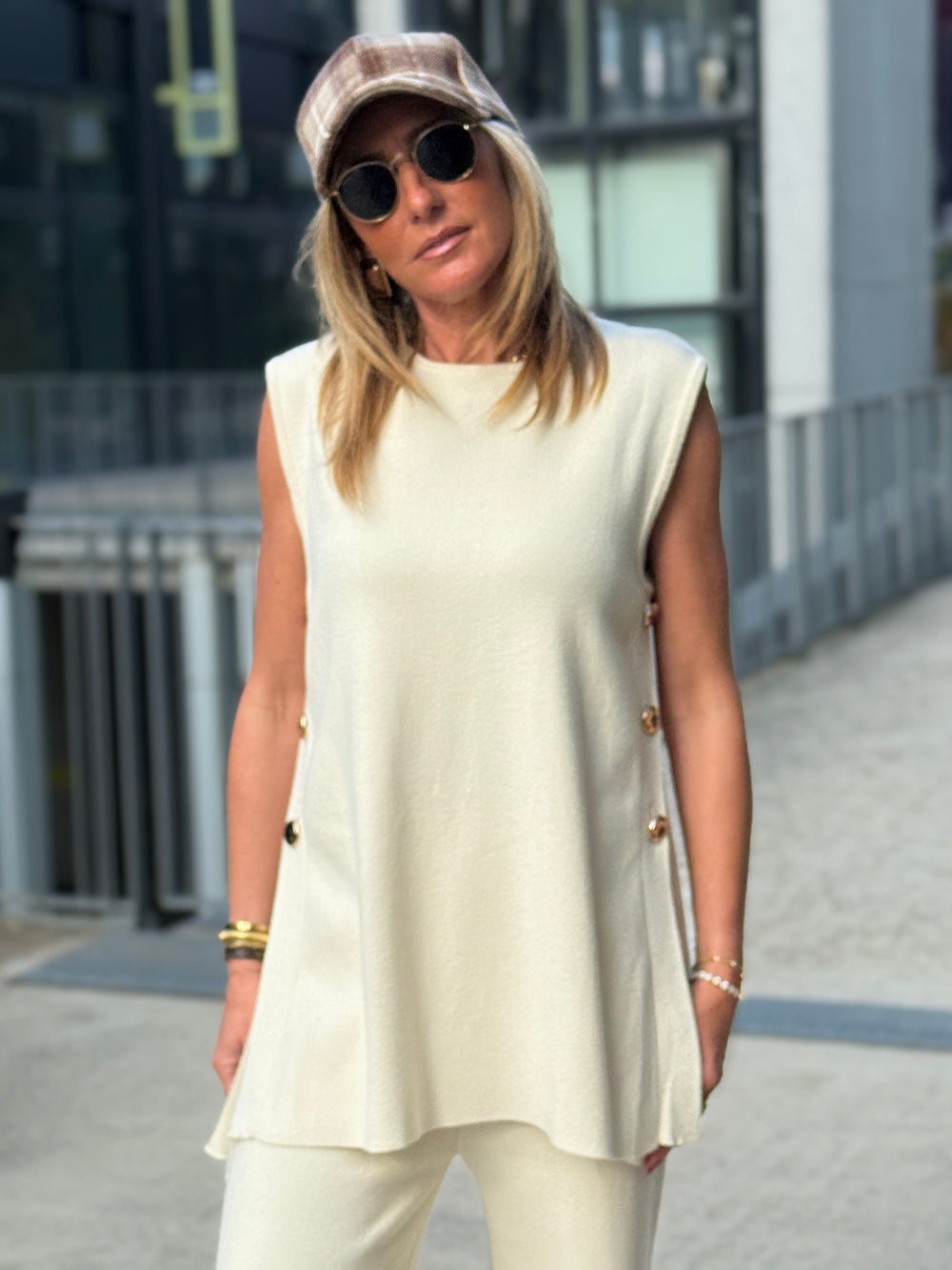 Ensemble top + pantalon beige avec boutons BEIGE 93006
