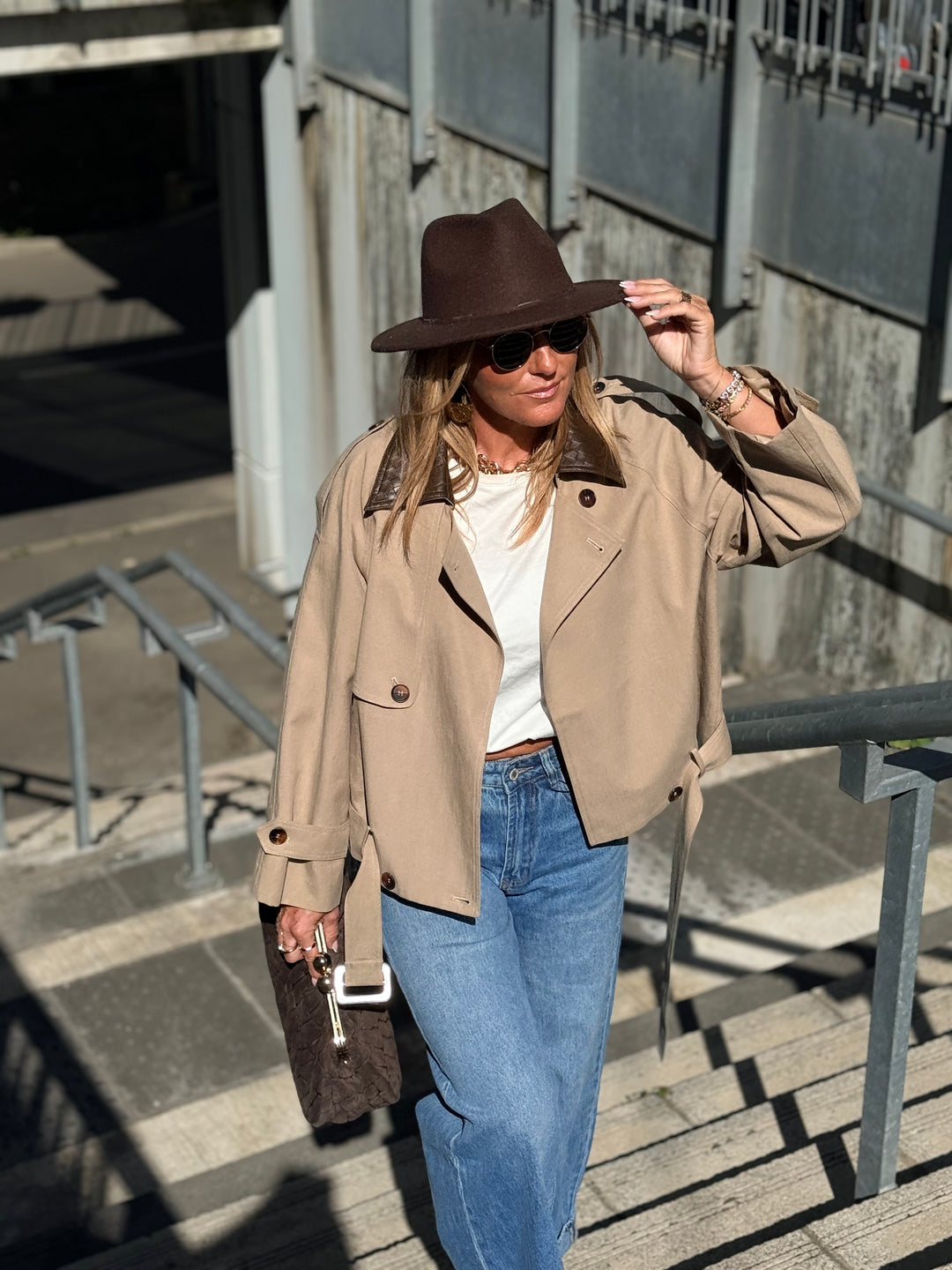 Veste court col similicuir choco
