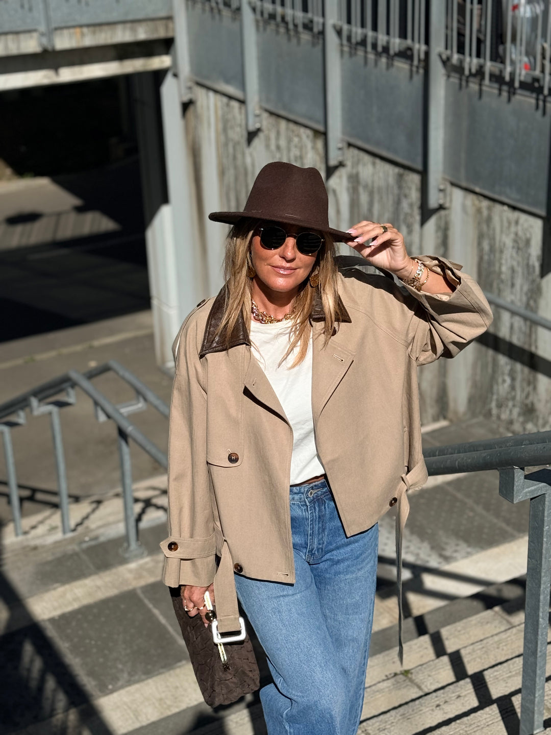 Veste court col similicuir choco