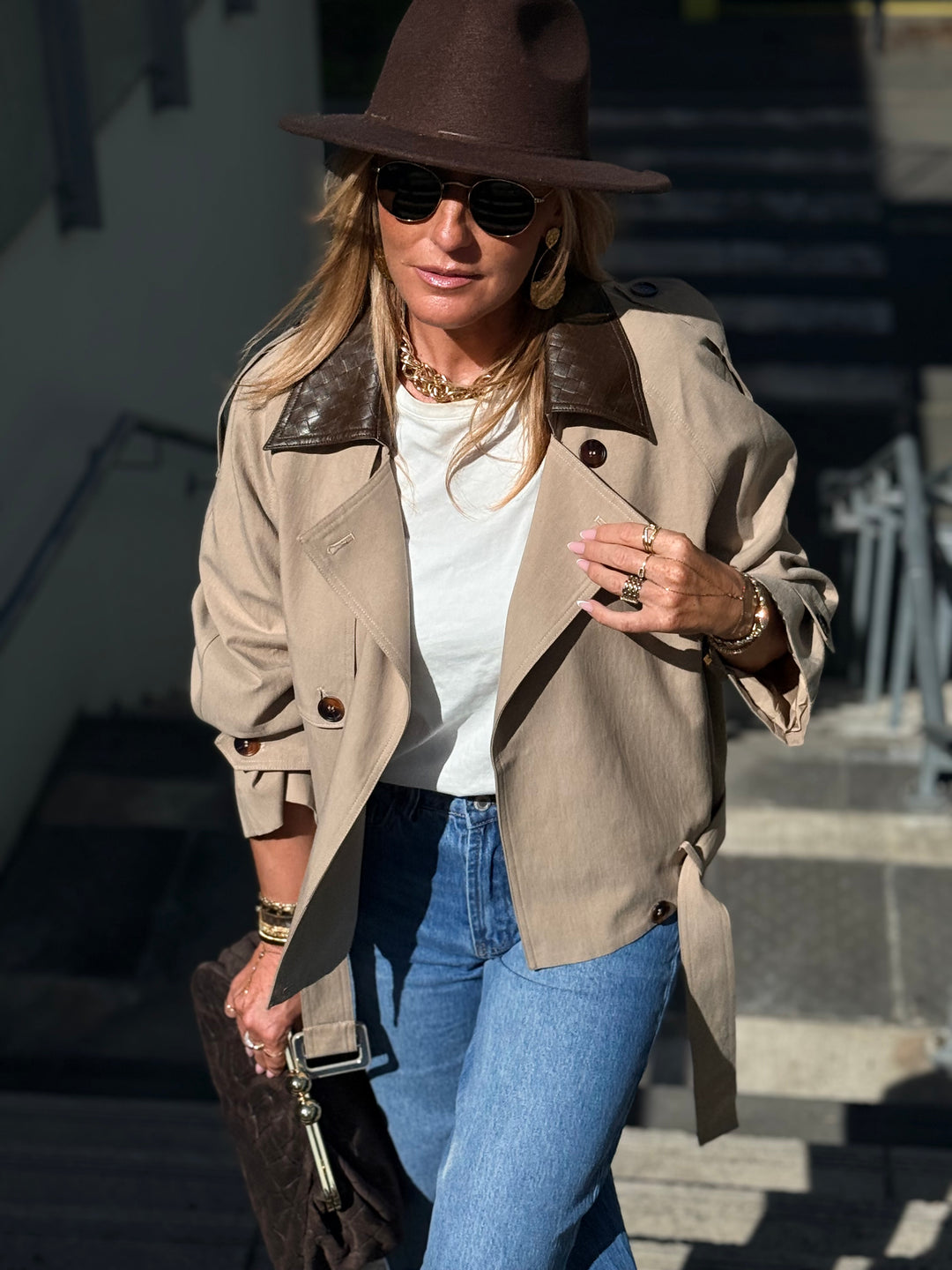 Veste court col similicuir choco