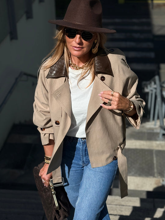 Veste court col similicuir choco