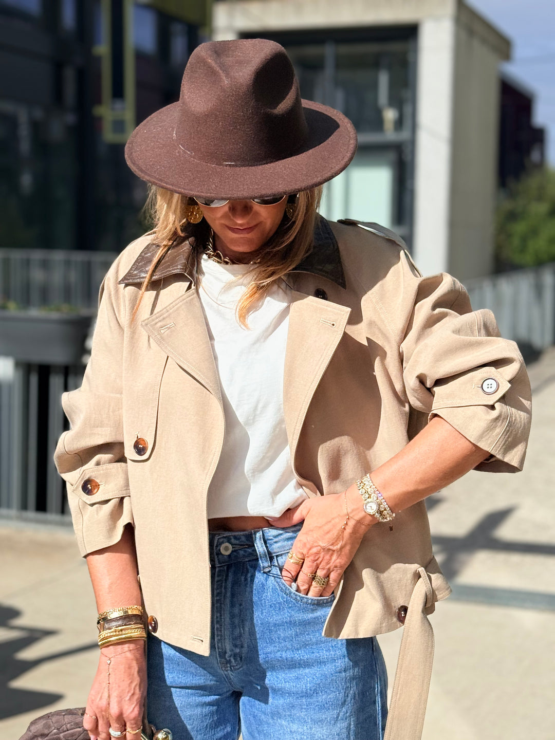 Veste court col similicuir choco