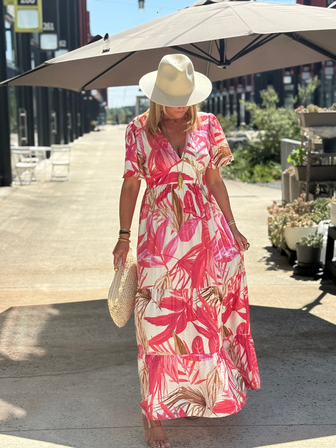 Robe longue imprimé palmier Rose 1526