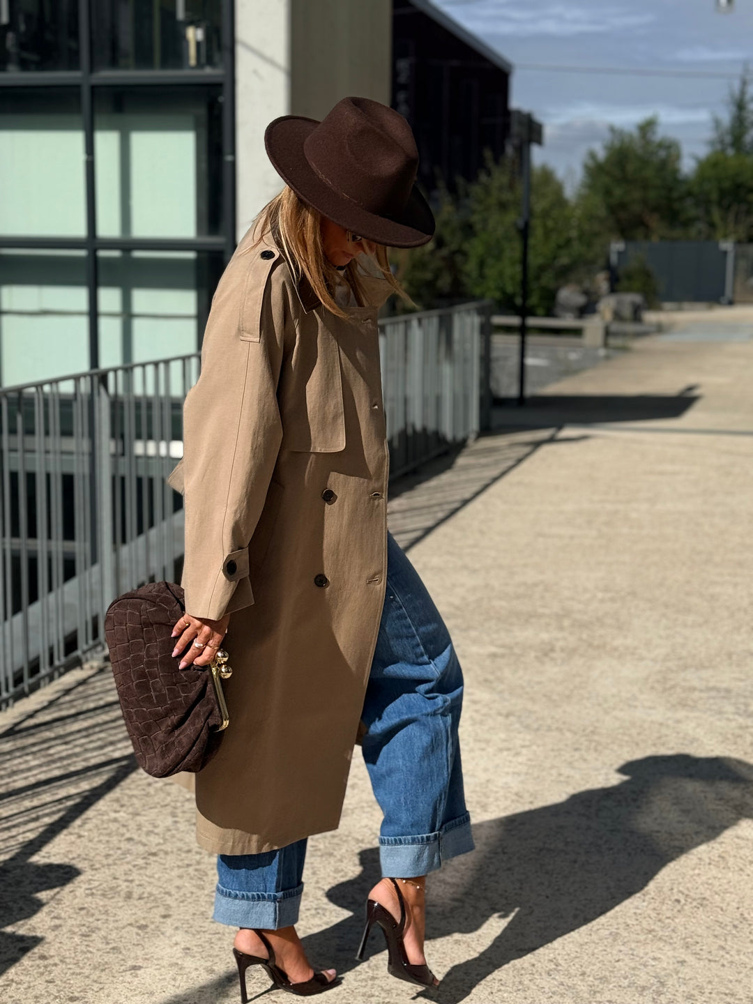 Veste long col similicuir choco