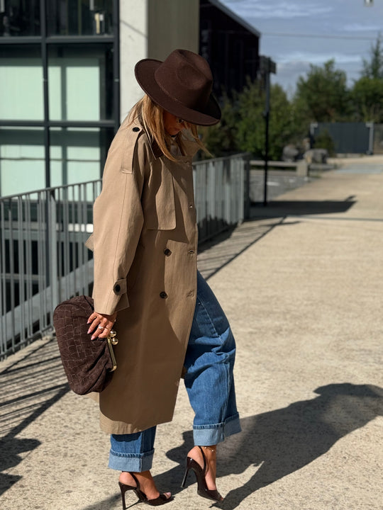 Veste long col similicuir choco