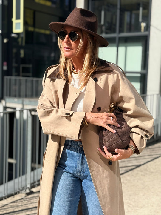 Veste long col similicuir choco