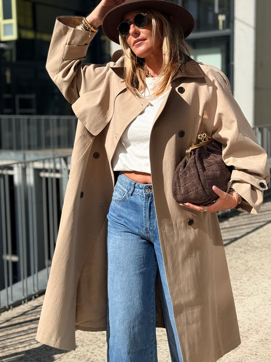 Veste long col similicuir choco