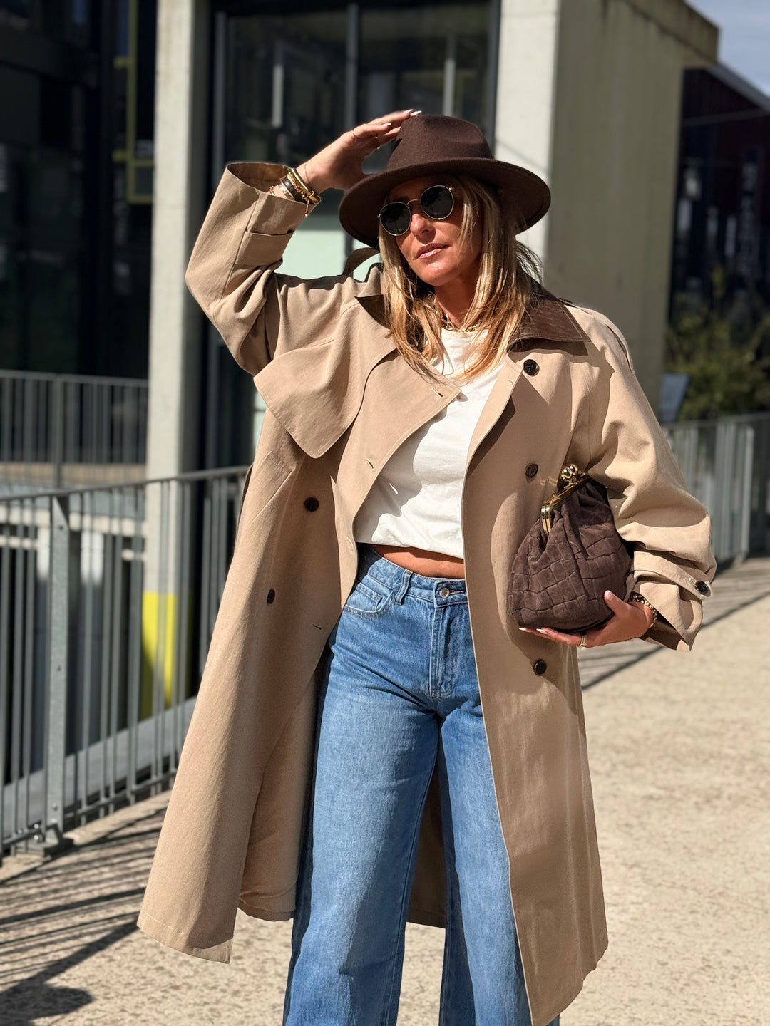 Veste long col similicuir choco