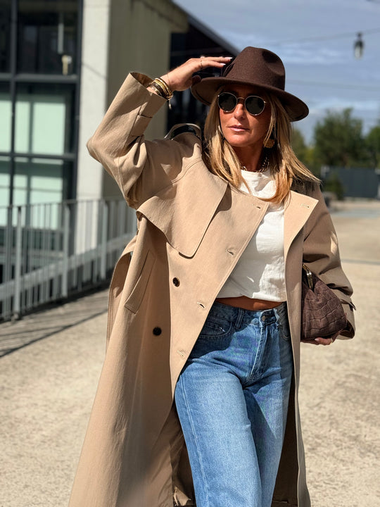 Veste long col similicuir choco