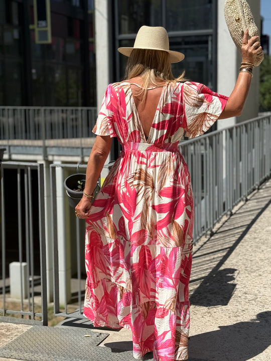 Robe longue imprimé palmier Rose 1526