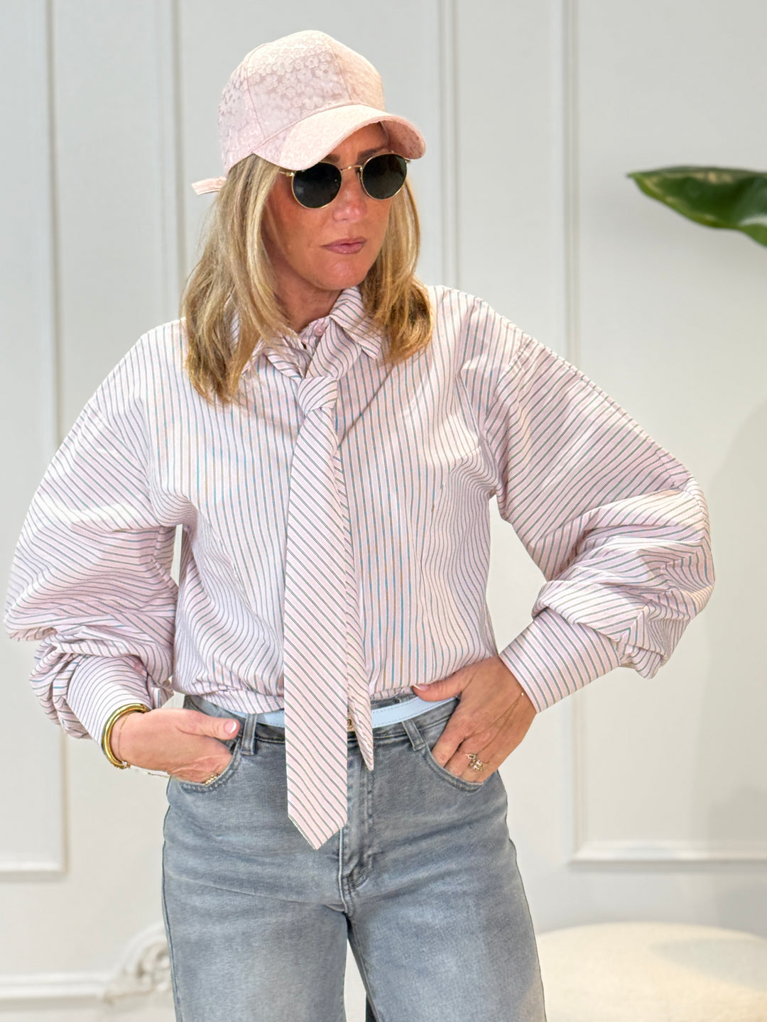 Chemise rayure cravate rose/rayure