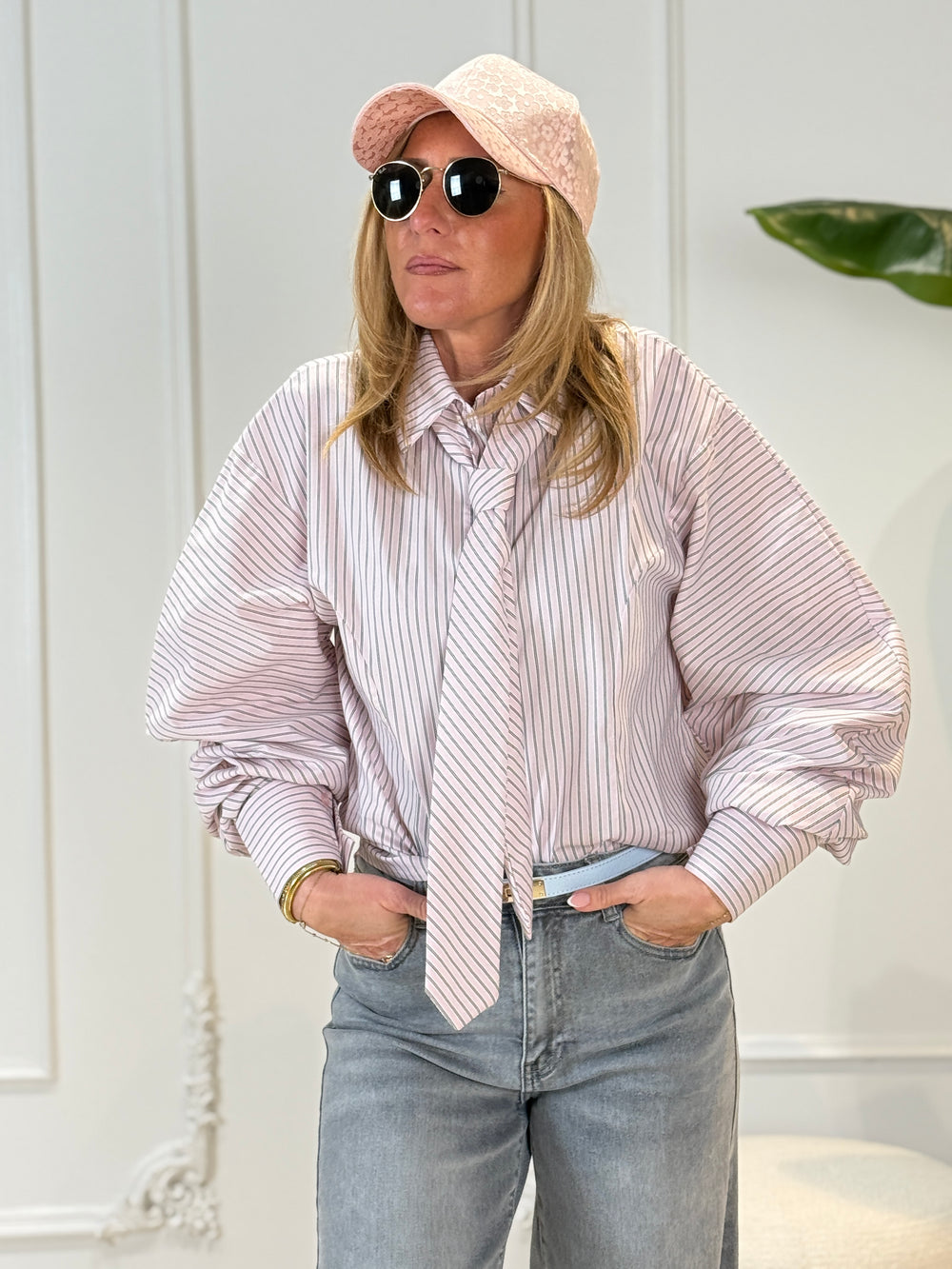 Chemise rayure cravate rose/rayure