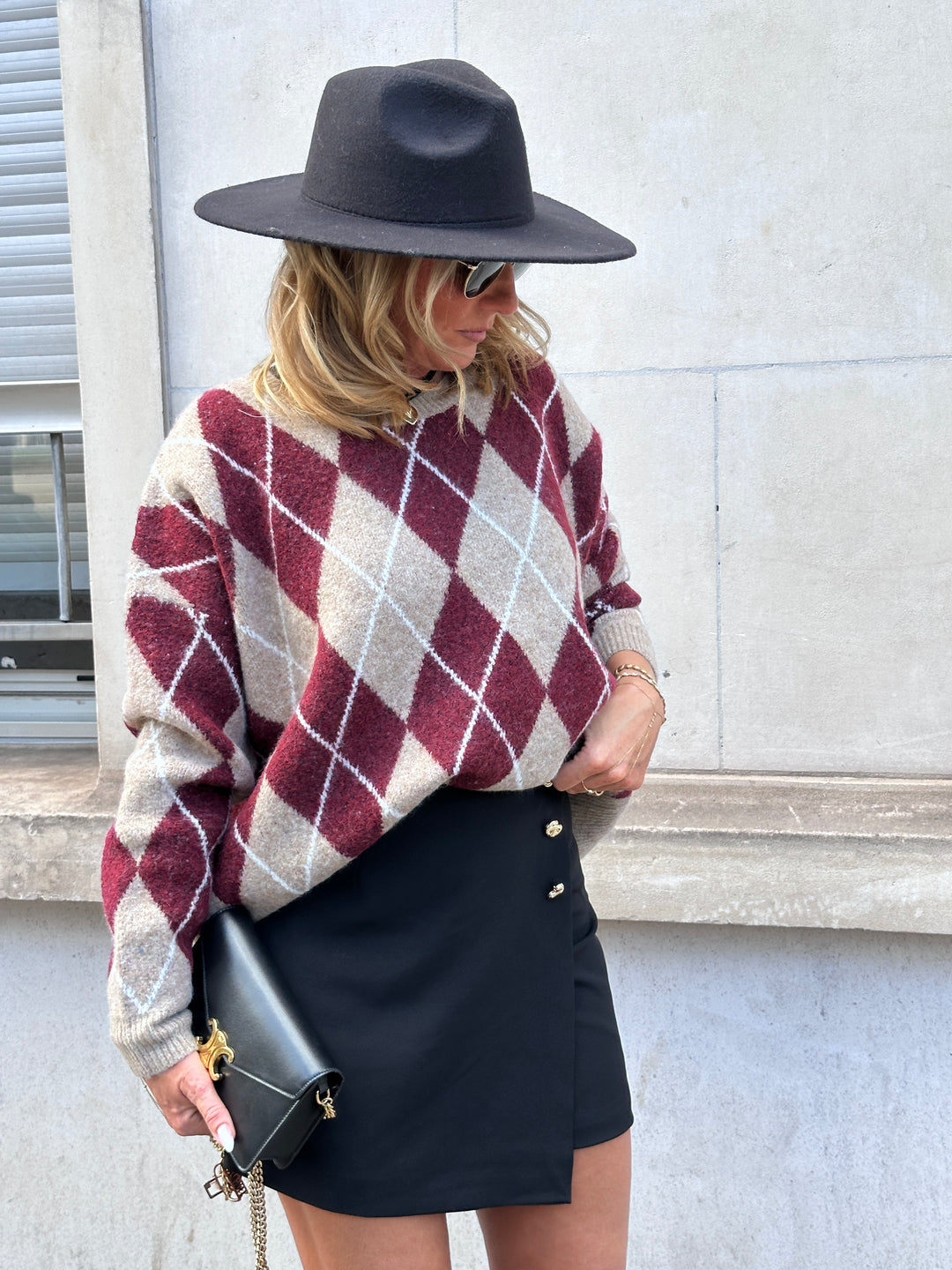 Pull maille motifs arlequin bordeaux 228
