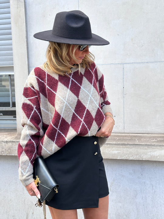 Pull maille motifs arlequin bordeaux 228