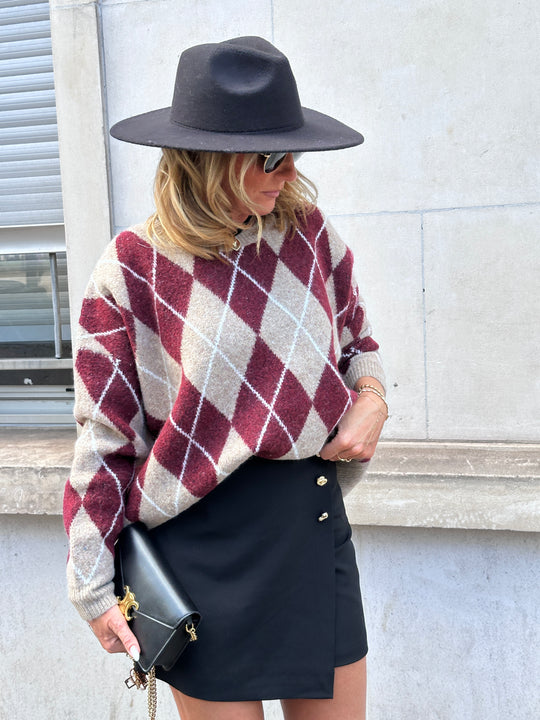 Pull maille motifs arlequin bordeaux 228