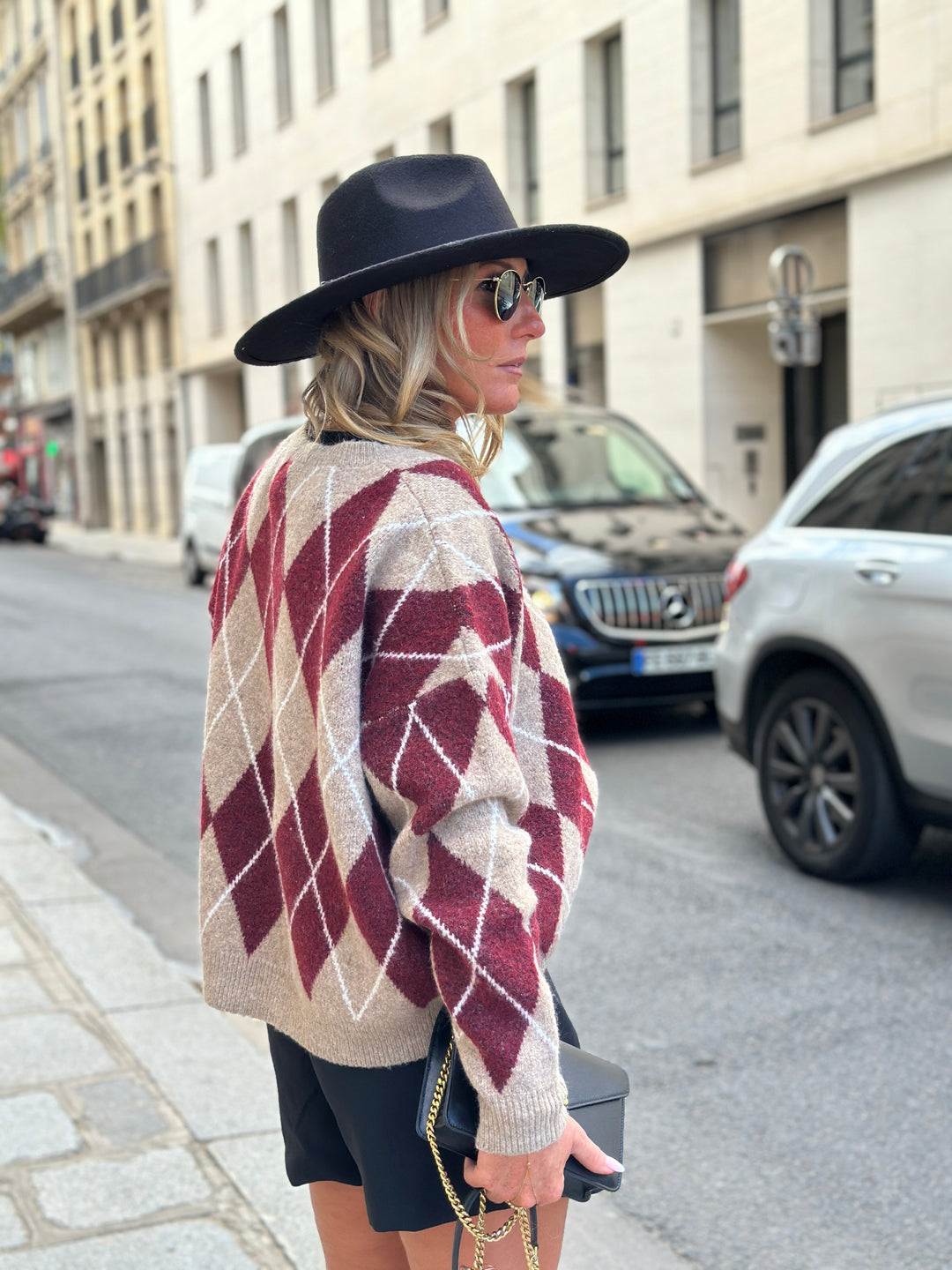 Pull maille motifs arlequin bordeaux 228