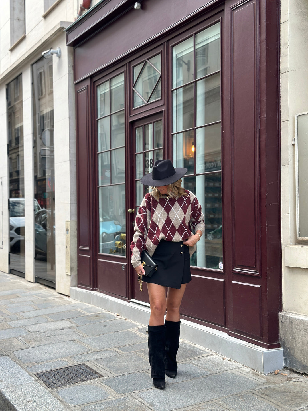 Pull maille motifs arlequin bordeaux 228