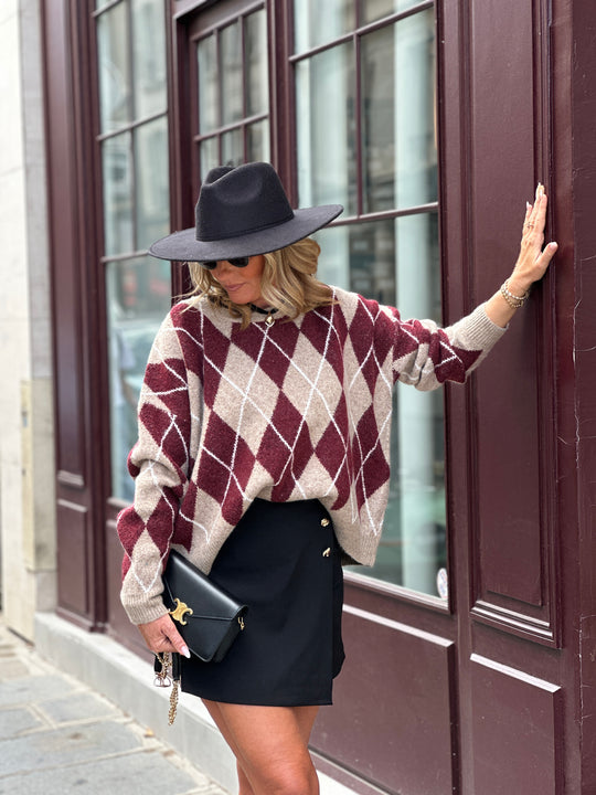 Pull maille motifs arlequin bordeaux 228