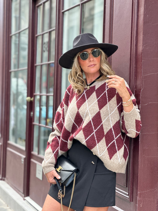 Pull maille motifs arlequin bordeaux 228